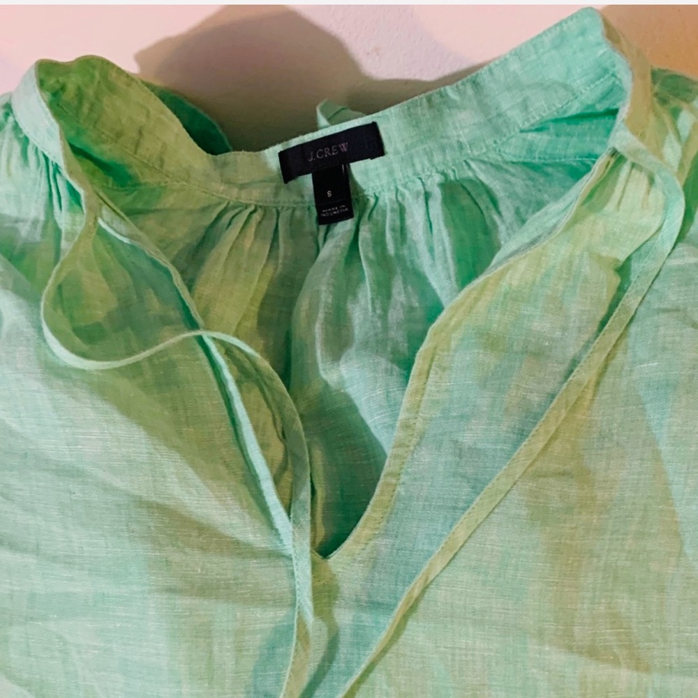 J.Crew Linen Tie-Neck Popover Blouse Mint Green Style E8822 Size S Lightweight